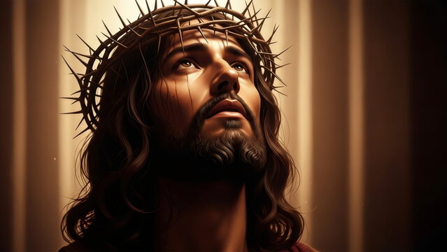 Jesus Christ wearing a crown of thorns with wounds on his face. A symbol of sacrifice and suffering. Concept for Easter and spiritual reflection. On a dark background.