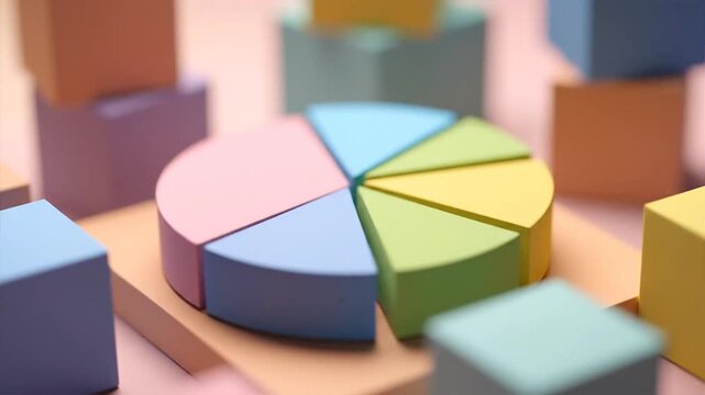 Colorful pie chart illustration surrounded by geometric shapes