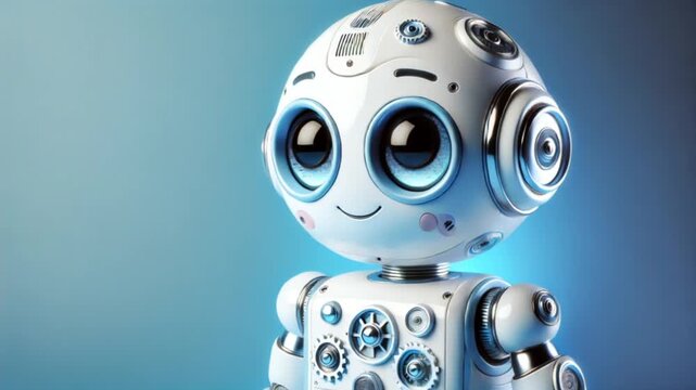 Cute white robot video with large round eyes poses playfully on a bright blue background expressing friendly artificial intelligence futuristic design and cheerful digital character mood