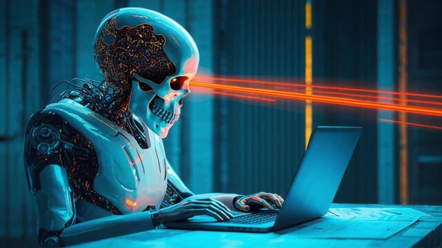 Video of artificial intelligence entity watches a human working on a laptop in a dark digital workspace expressing futuristic technology observation and human machine interaction