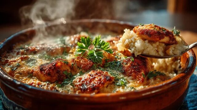 Gastronomic Delight: A close-up shot of a delectable culinary creation, showcasing a spoonful of savory dish, hinting at a symphony of flavors and textures.