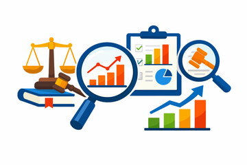 Data analysis and legal concepts with charts, magnifying glass, gavel, and scales