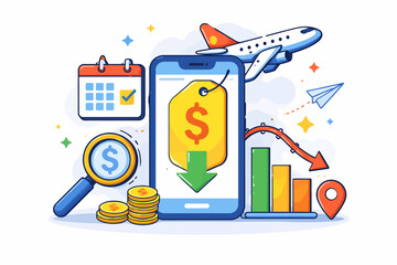 Travel cost savings concept: mobile discounts, airplane, money and chart symbols