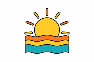 Colorful sunset with vibrant waves and sun rays in minimalist art design