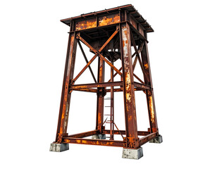 Weathered, rusted steel structure on concrete blocks, isolated against black