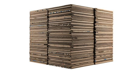 Large dense stack of flattened corrugated cardboard sheets compressed into a neat cube shape ready for recycling against a solid black background in a studio setting