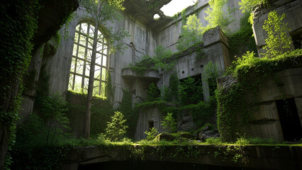 Lush green vegetation and wild growth dramatically reclaim the interior of a large, imposing ruined concrete structure featuring a tall arched window flooding the space with bright light.