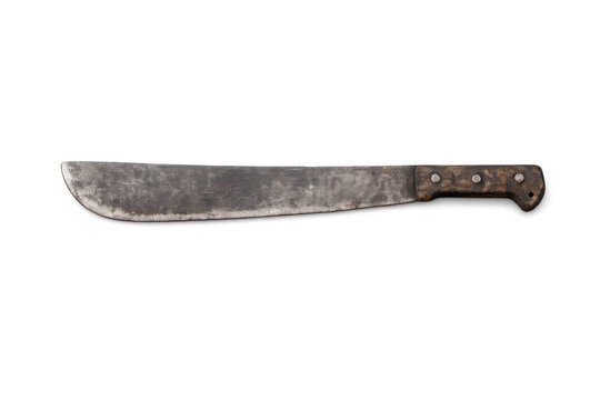 Rustic machete with wooden handle on gray background