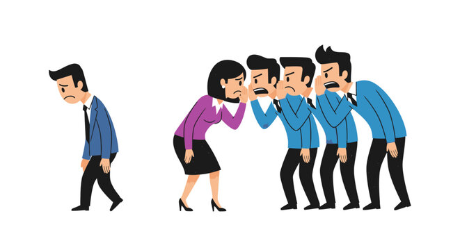 A sad, isolated man walks away from a group of whispering, gossiping colleagues, symbolizing workplace bullying, social exclusion, and emotional distress.
