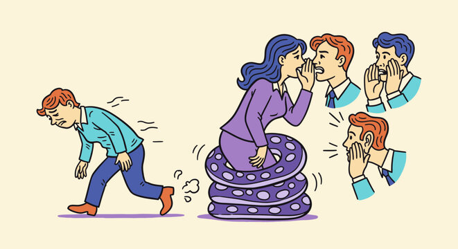 This impactful graphic depicts the spread of harmful rumors and backbiting, causing a man distress as he walks away from whispering figures.