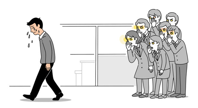 A despondent man walks away from a group of whispering, judgmental colleagues with glowing eyes, depicting the emotional impact of office bullying and social ostracism.