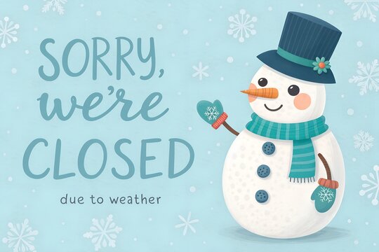 Sorry We're Closed Cute Snowman Winter Weather Sign,
Snowman Holding Shovel Sorry We're Closed Snowy Notice,
Adorable Snowman Sorry We're Closed Due To Weather Graphic,
Blue Hat Snowman Sorry We're Cl