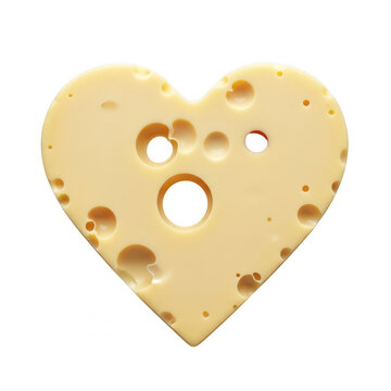 A heart-shaped piece of swiss cheese with holes isolated on transparent background