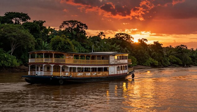 Vintage Riverboat Sailing on Amazon River Under Dramatic Sunset Sky