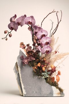 bouquet boda, Arreglo de orqu&iacute;deas moradas sobre piedra con ramas secas y musgo, Inspiraci&oacute;n de decoraci&oacute;n de interiores con arte de orqu&iacute;deas y elementos secos, Mockup vertical con orqu&iacute;deas y piedra