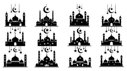 Fototapeta premium Set of black mosque silhouettes with crescent moon and star, designed as Ramadan themed icons for Islamic greetings, posters, and banners.