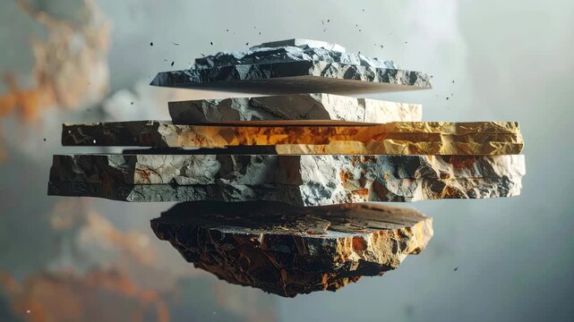 Floating Stone Slabs: A unique composition of layered stone slabs seemingly suspended in mid-air, creating a surreal and artistic visualization of geological strata and abstract landscape.