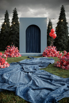 Arco azul con cortinas camino de seda y rosas en jard&iacute;n, Fondo surrealista para publicidad de lujo con camino de tela para copia, Inspiraci&oacute;n para historia de fantas&iacute;a o evento misterioso