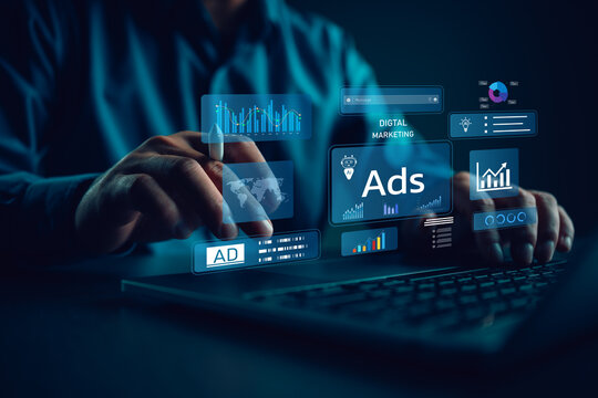 Digital marketing and AI advertising concept showing data driven ads, performance analytics, campaign optimization, smart marketing technology for business growth and online advertising strategy.
