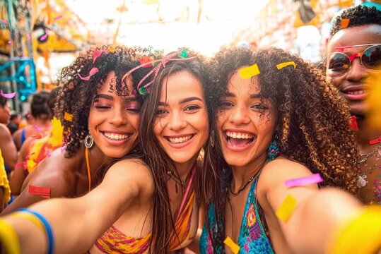 Three friends taking a selfie in the street celebrating carnival