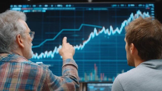 Analyzing the Market: Two individuals intently analyze a complex financial chart, seeking to decipher market trends and strategize for future investments.
