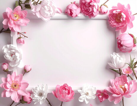 3D Realistic Pink and White Floral Photo Frame with Blank White Copy Space for Wedding and Branding