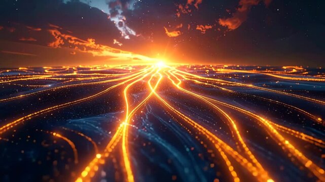 Digital Pathways of Light: An abstract portrayal of a network of illuminated pathways converging towards a radiant point.