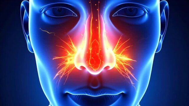 Medical illustration showing inflammation and pain in the sinus area of the face.