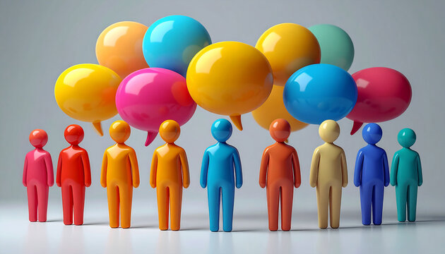 Diverse Colorful 3D Human Figures Group with Speech Bubbles for Communication and Teamwork Concept