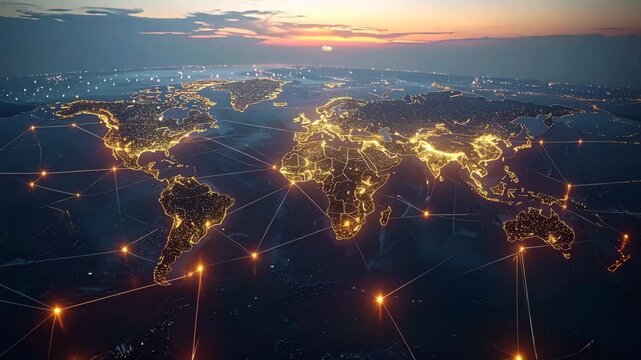 Global Network: A mesmerizing view of the world illuminated by a network of interconnected nodes, symbolizing the power of global connection and technology's embrace, under a beautiful sunset.