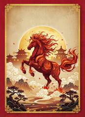 Majestic horse with ornate gold patterns on a rich red backdrop, symbolizing luxury and prosperity. Dynamic Chinese New Year 2026 design with elegant traditions, festive energy, and copy space.