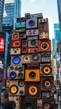 A stack of speakers sitting on top of each other on a city street