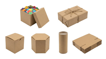 Fototapeta premium Cardboard packaging set including square, hexagonal, cylinder, gift wrapped, and flat stack boxes isolated. Eco friendly shipping and delivery collection.