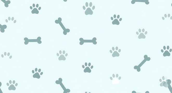 A playful pattern of dog paw prints and bones on a light blue background