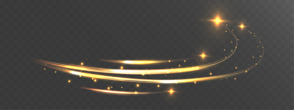 Golden shooting stars with glowing light trails, sparkling points, and smooth motion arcs, creating a magical comet-like effect on a transparent background.
