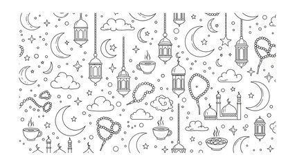Obraz premium Islamic Elements: An artistic illustration, featuring a pattern composed of Islamic cultural and religious symbols, depicting elements commonly associated with Islamic traditions and celebrations.