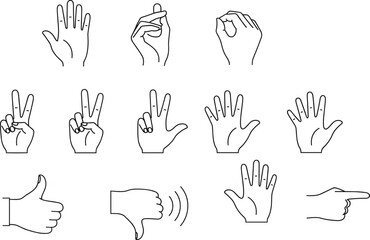 Fototapeta premium Hand Gesture Line Icon Set Showing Counting Fingers, Approval Signs, Pointing, and Communication Gestures for User Interface and Instructional Design