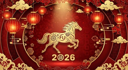 2026 Chinese New Year Background with Golden Horse Silhouette and Paper Cut Clouds. The vibrant spirit of the 2026 spring festival with this atmospheric digital background.2026 Chinese New Year
