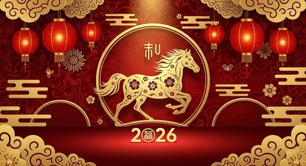 The vibrant spirit of the 2026 spring festival with this atmospheric digital background.2026 Chinese New Year Background with Golden Horse Silhouette and Paper Cut Clouds