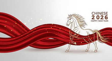 Elegant 2026 Chinese New Year Banner with White Horse and Flowing Red Silk Ribbon