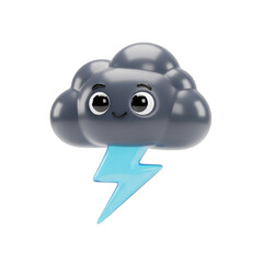 Cute cartoon cloud with blue lightning bolt and smiling face gray