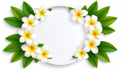 3D Realistic White Circle Frame with Frangipani Flowers and Green Leaves Isolated on White Background