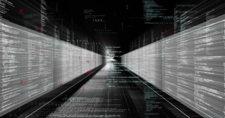 Naklejka premium Streaming data tunnel moving through code corridor, with left or right panels, grid floor, red token