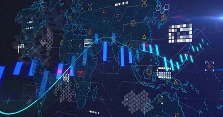 Fotobehang Buffet Projecting holographic world map over navy grid, showing cyan line graph, bar charts, node markers  © vectorfusionart