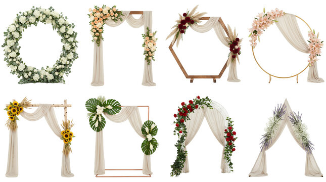 Wedding arch decoration set including circular, hexagonal, square, and triangular floral backdrops with fabric draping isolated. Ceremony venue and event design collection.