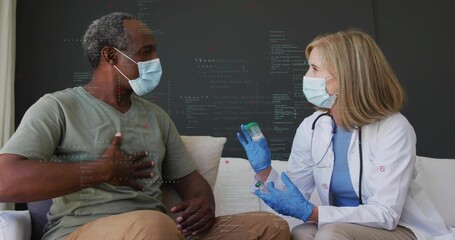 Explaining clinician white coat holding vial and syringe on home sofa patient placing hand on chest © vectorfusionart