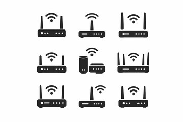 Variety of wireless internet routers and modems in black and white icons