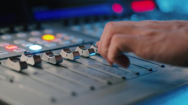 A talented audio engineer skillfully adjusting sound levels on a professional recording mixer with focused precision, enhancing the quality of the music being produced in a high-tech studio