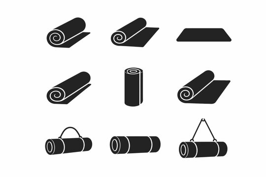 Yoga mat icon set with various positions and straps