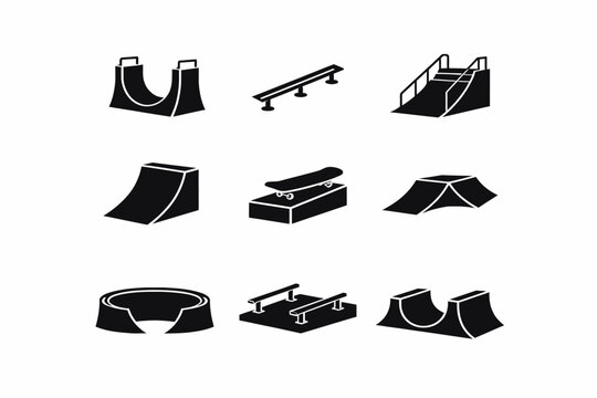 Silhouette icons of various skatepark ramps and features